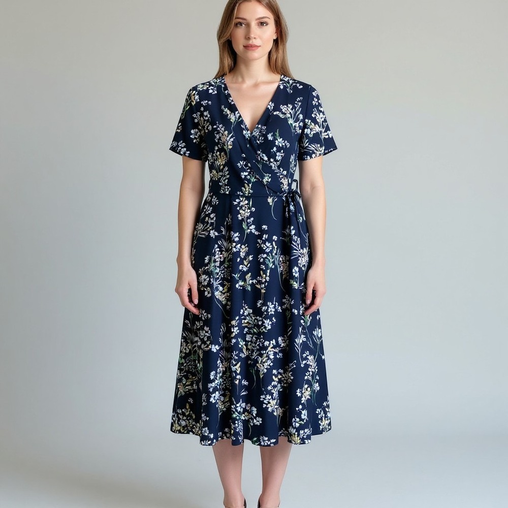 Lauren Ralph Lauren Floral Faux Wrap Navy Blue Sleeveless Midi Dress Womens 8